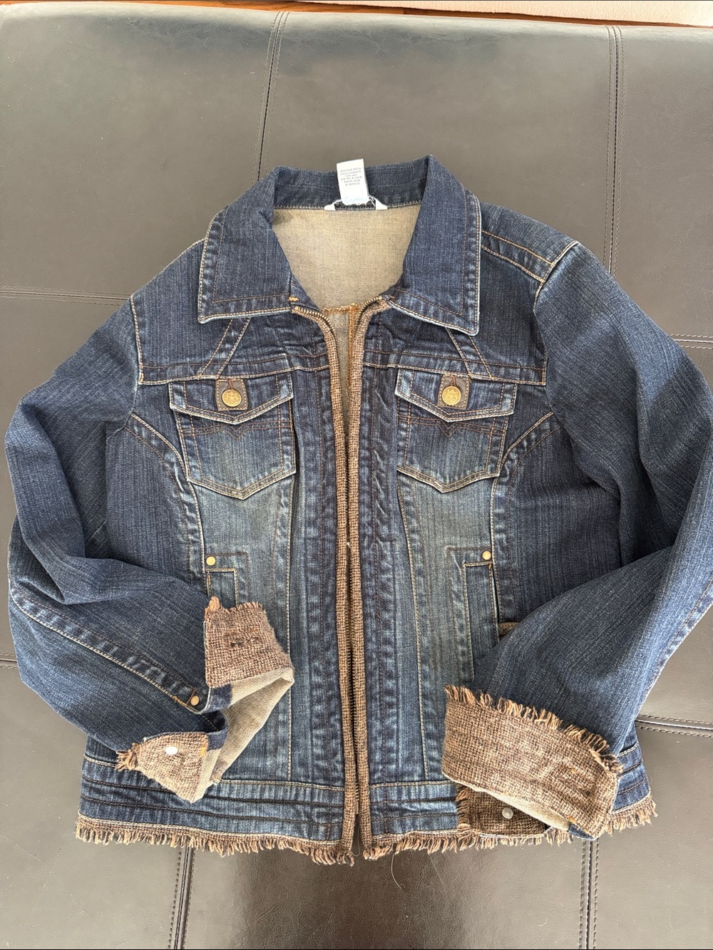 CAbi Western Fringe Denim Jacket Medium M Belted Brown Trim Distressed
